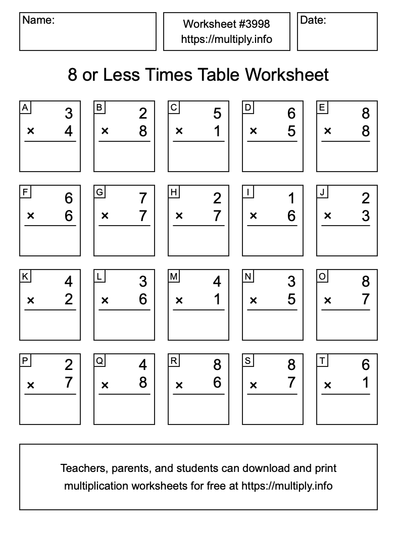8 or less Times Table Worksheet #3998