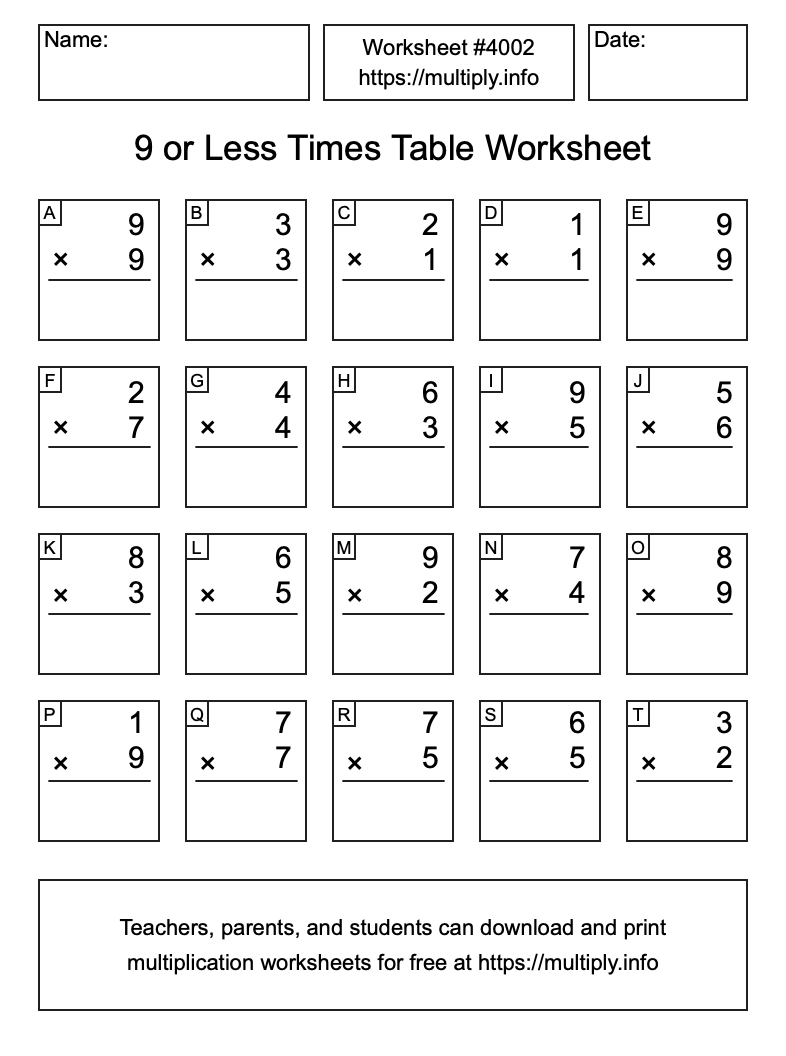 9 or less Times Table Worksheet #4002