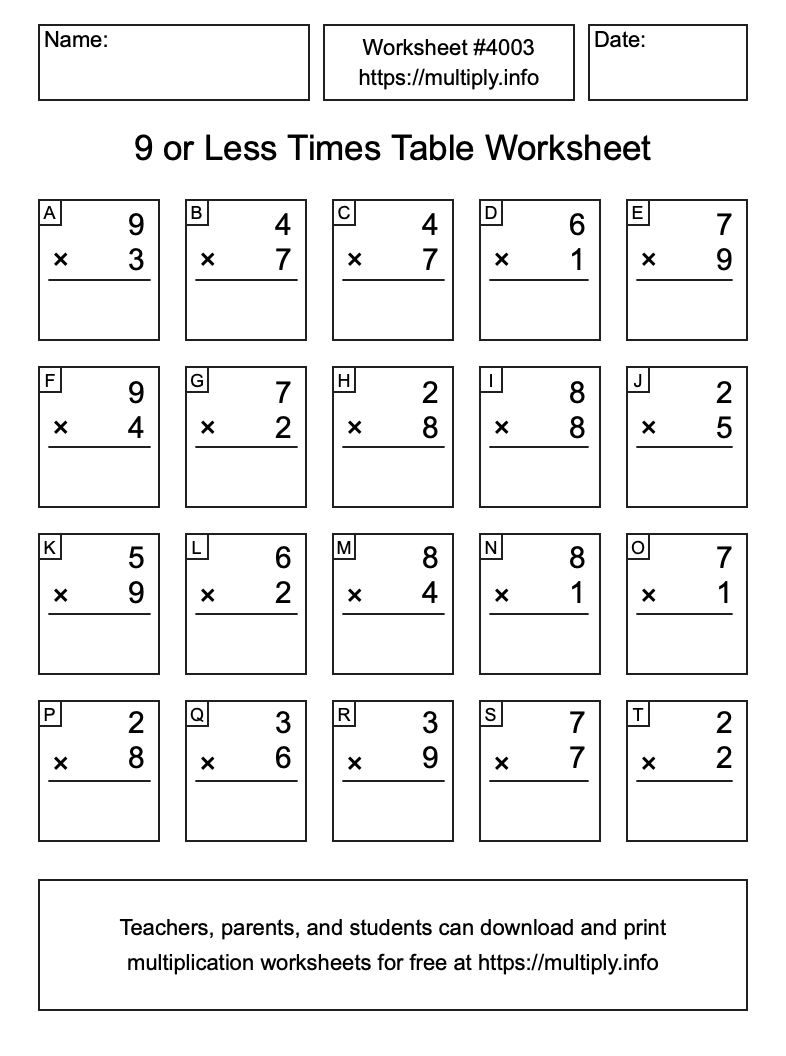 9 or less Times Table Worksheet #4003