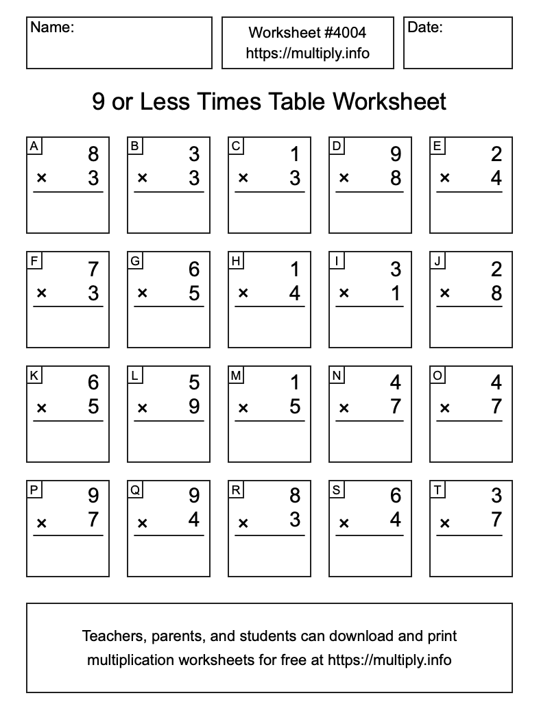 9 or less Times Table Worksheet #4004