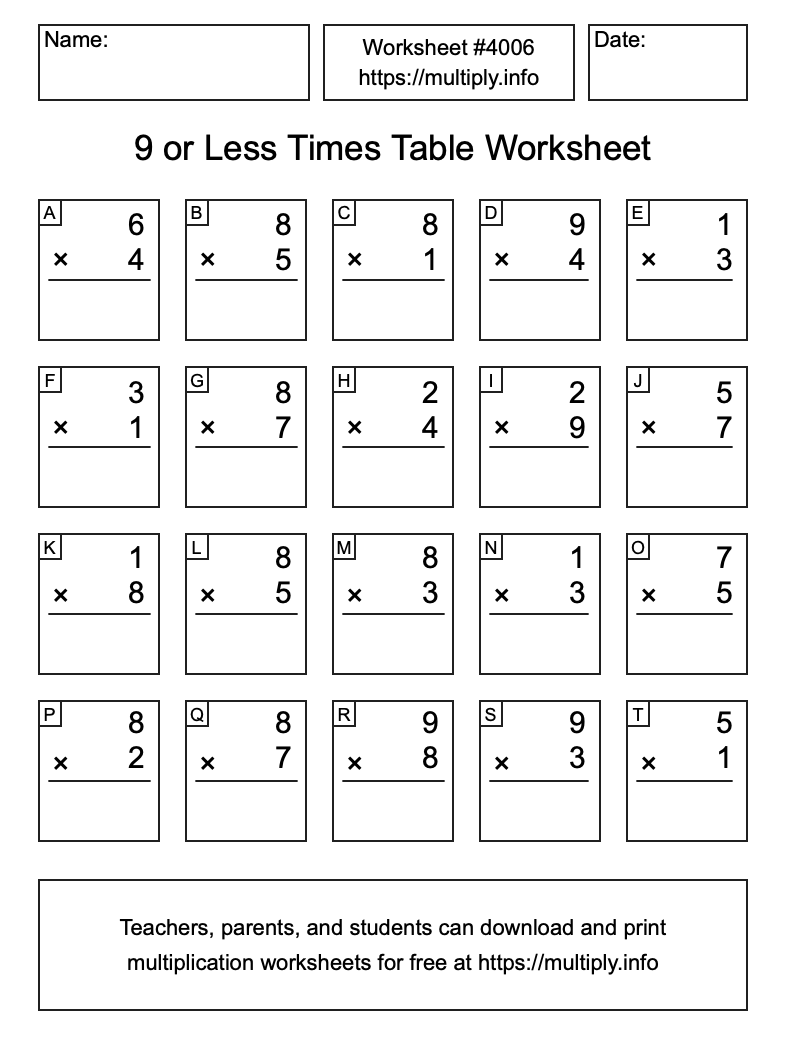 9 or less Times Table Worksheet #4006