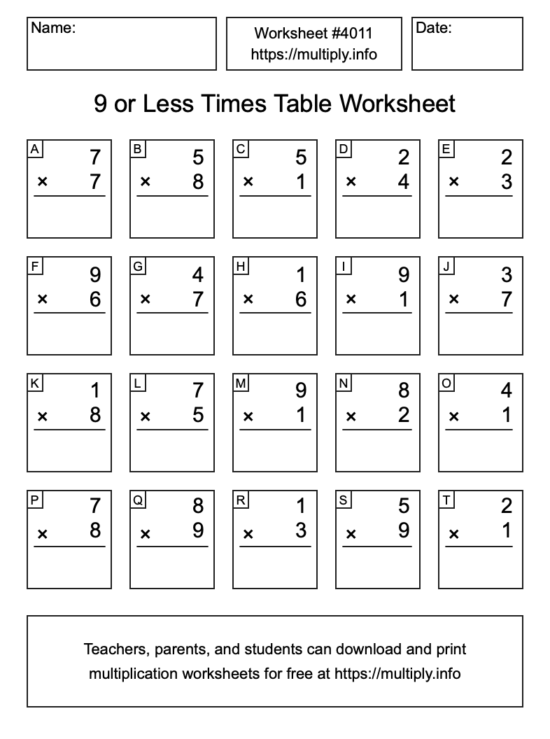 9 or less Times Table Worksheet #4011