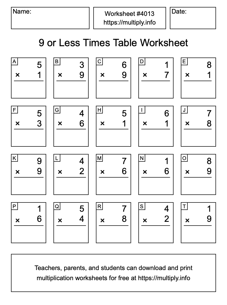 9 or less Times Table Worksheet #4013