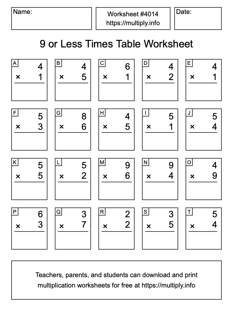 9 or less Times Table Worksheet #4014