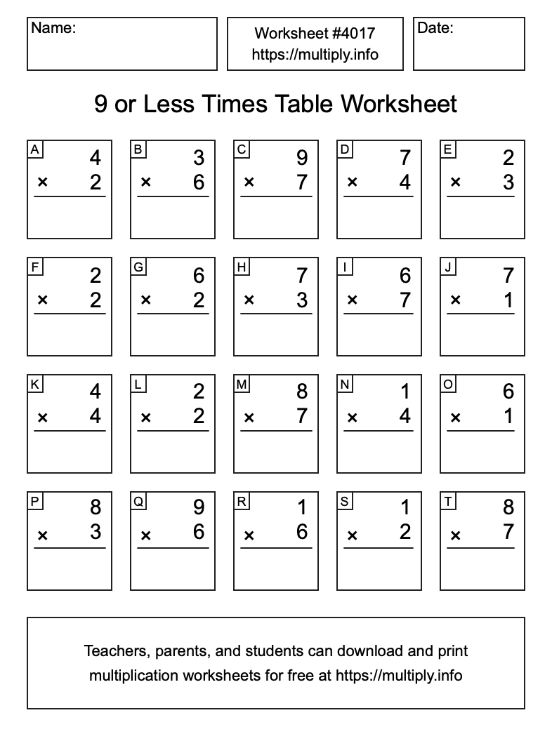 9 or less Times Table Worksheet #4017