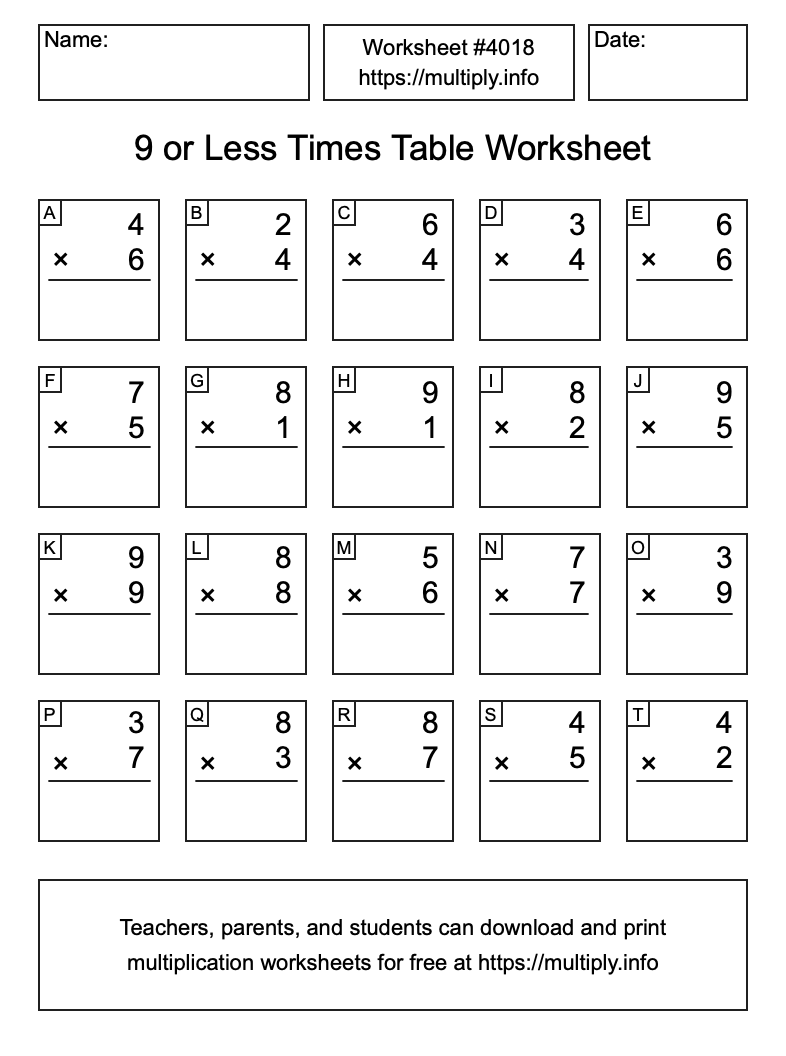 9 or less Times Table Worksheet #4018