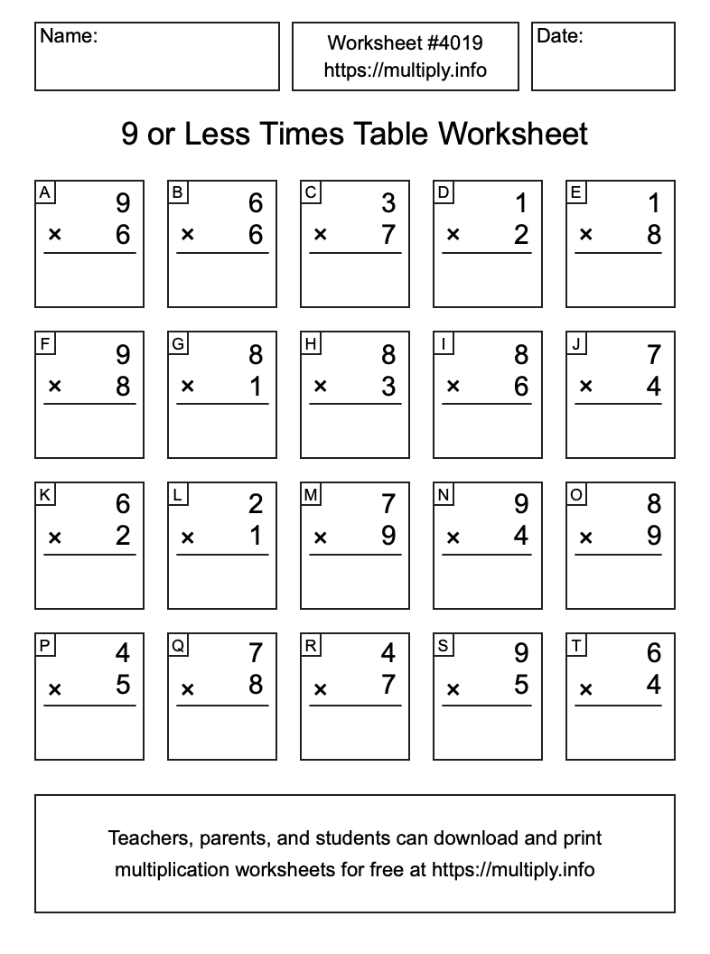 9 or less Times Table Worksheet #4019