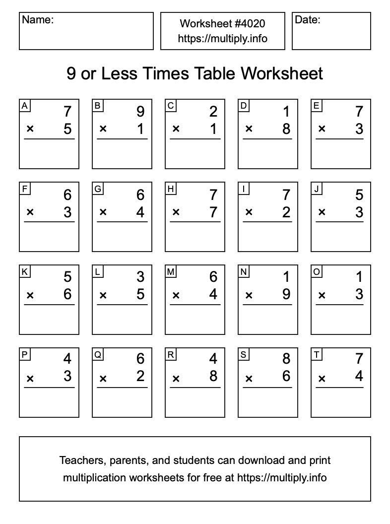9 or less Times Table Worksheet #4020