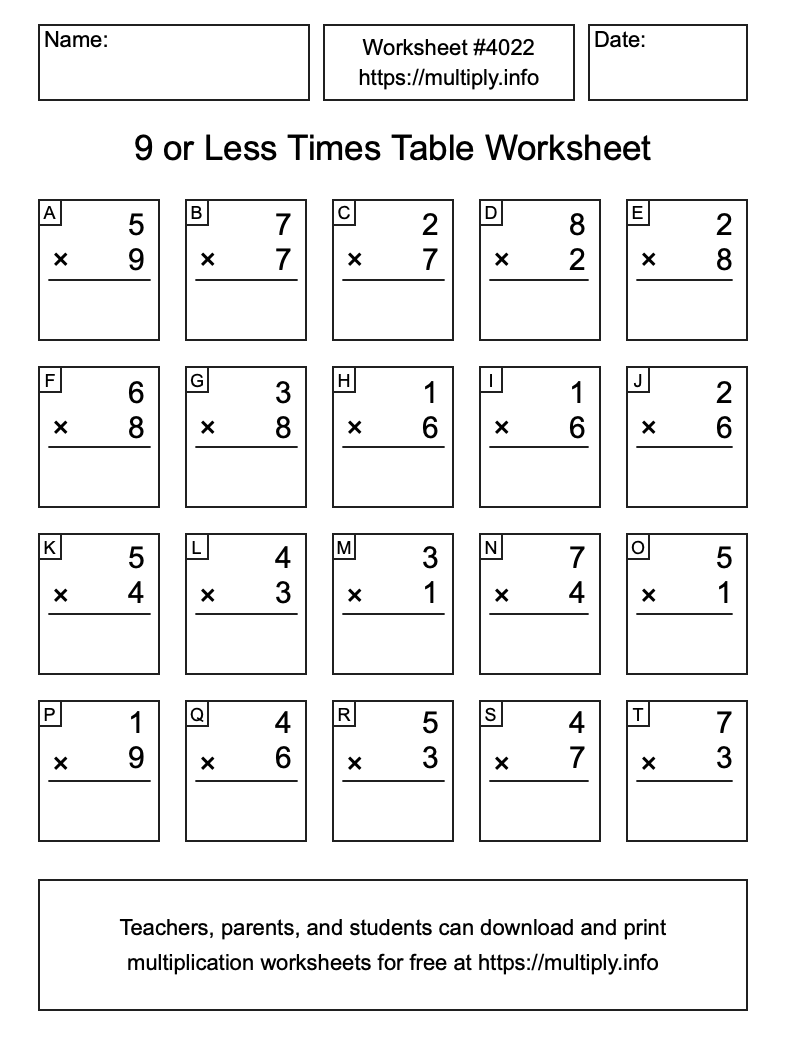 9 or less Times Table Worksheet #4022