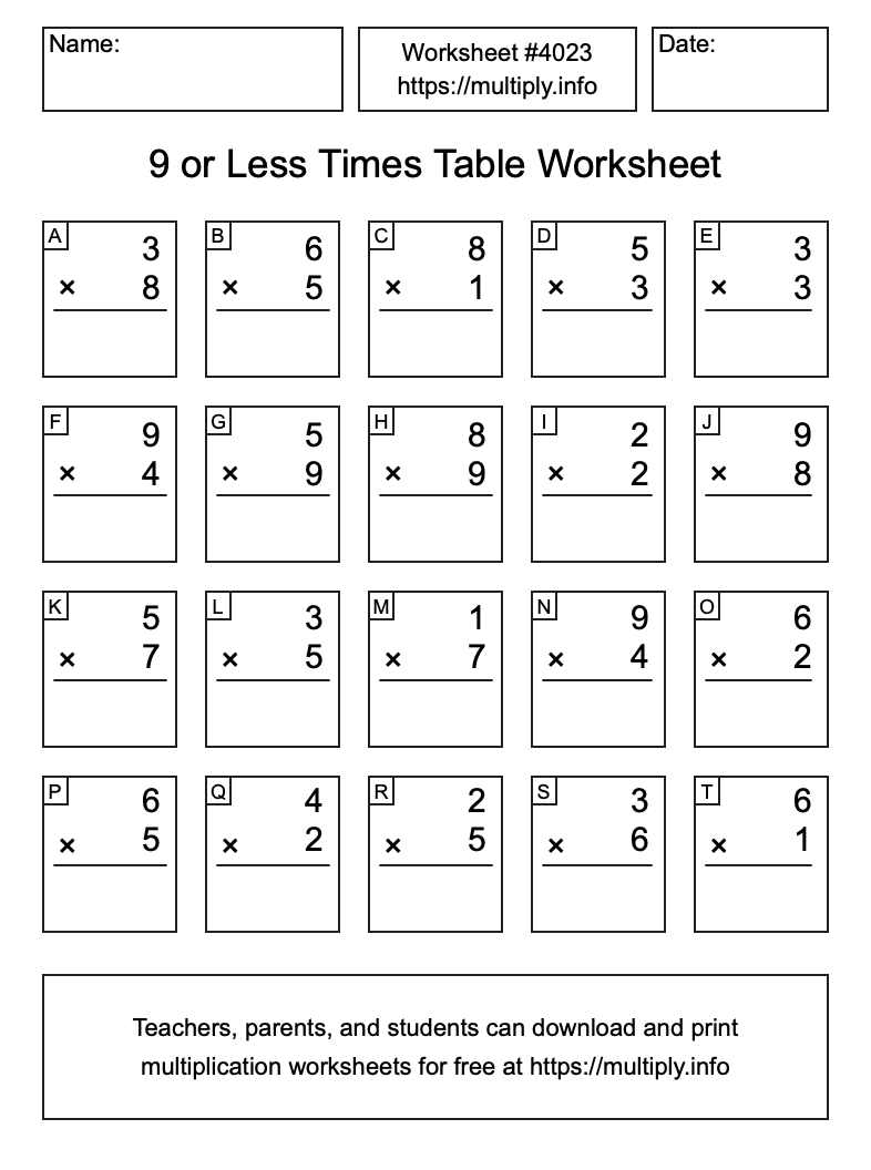 9 or less Times Table Worksheet #4023