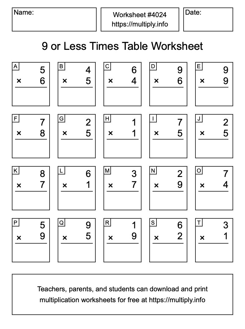 9 or less Times Table Worksheet #4024