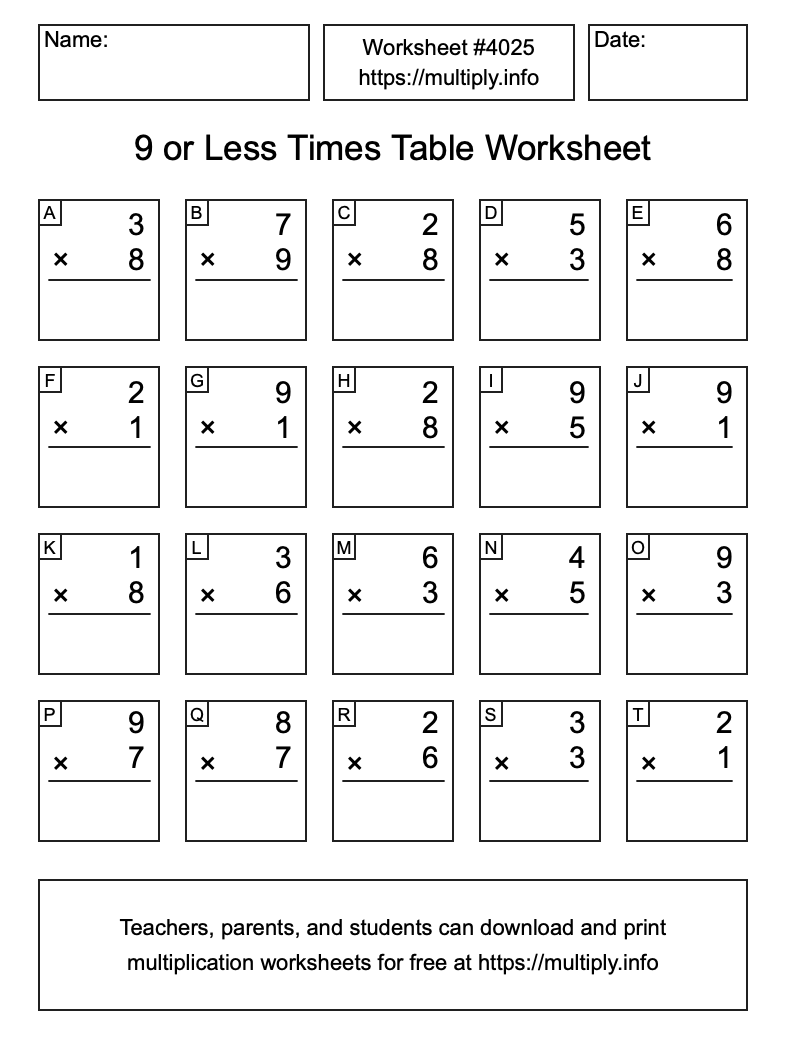 9 or less Times Table Worksheet #4025