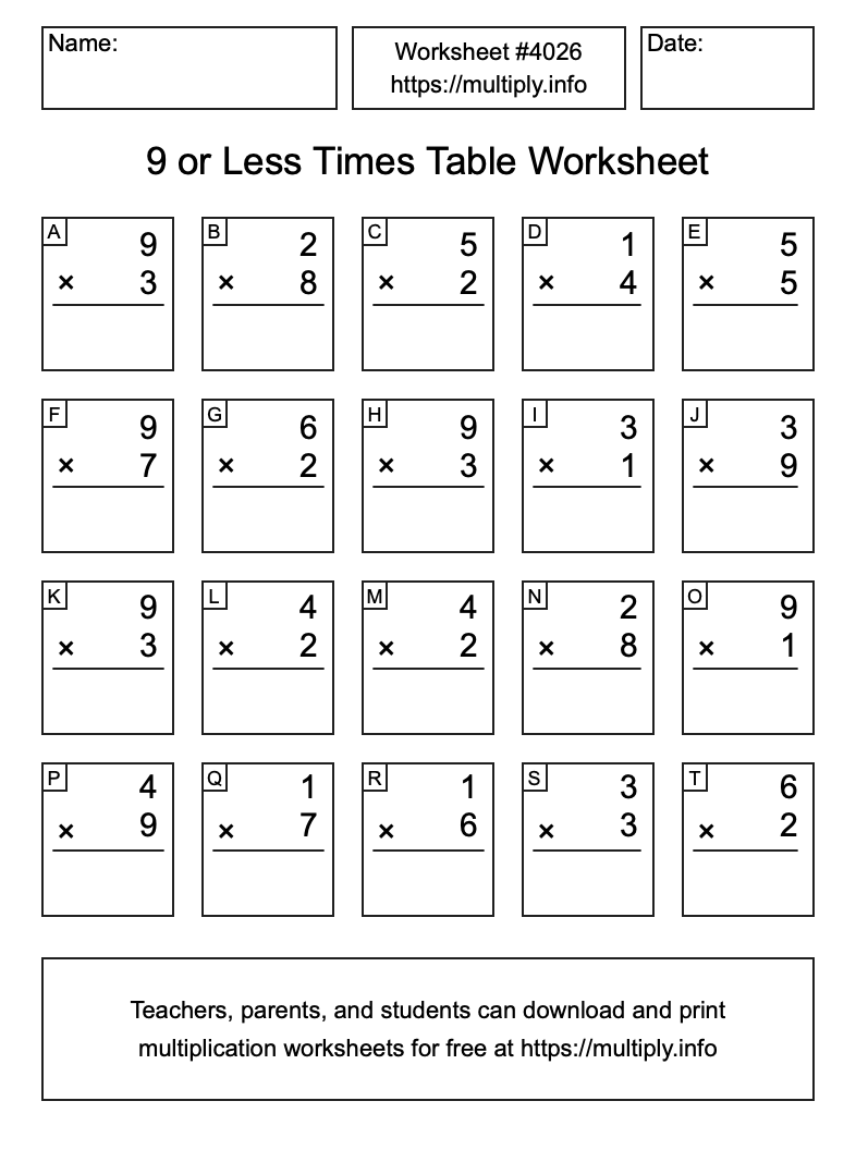 9 or less Times Table Worksheet #4026