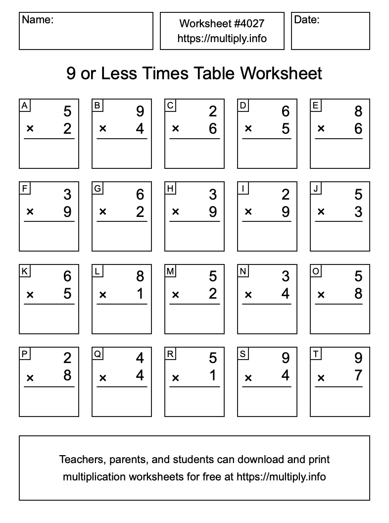 9 or less Times Table Worksheet #4027