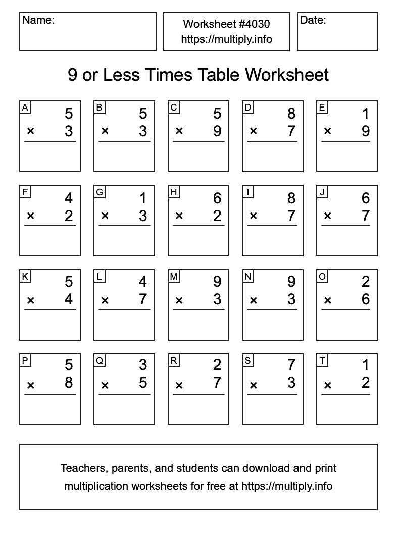 9 or less Times Table Worksheet #4030