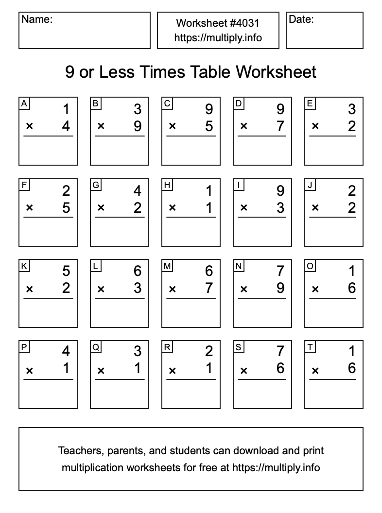 9 or less Times Table Worksheet #4031