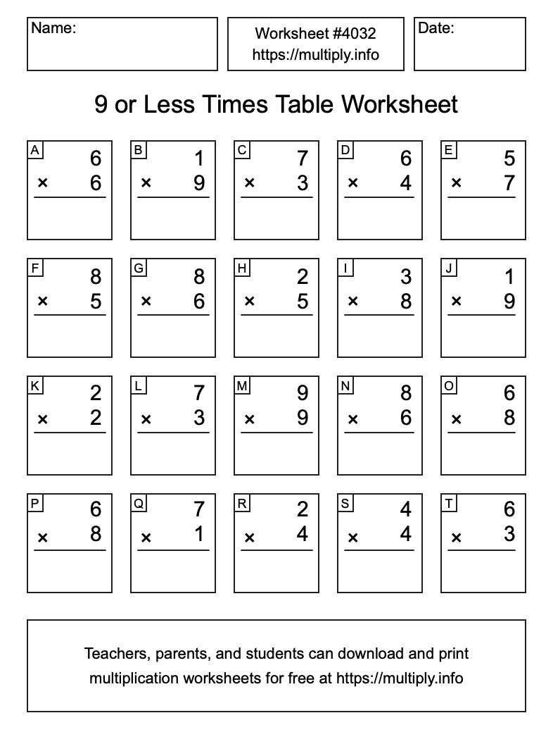 9 or less Times Table Worksheet #4032