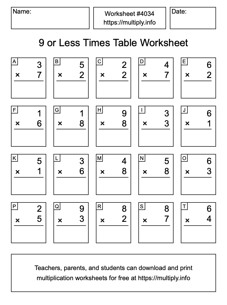 9 or less Times Table Worksheet #4034