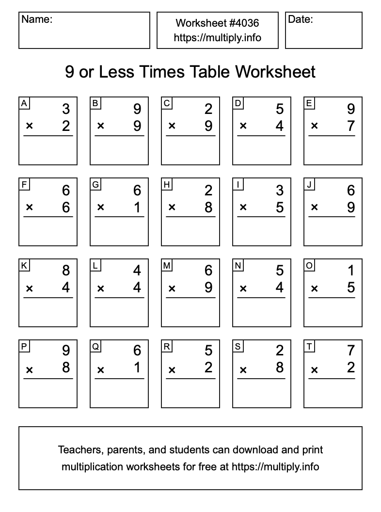 9 or less Times Table Worksheet #4036