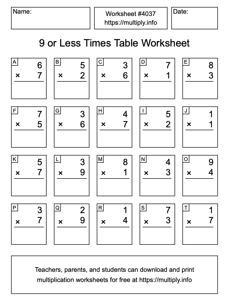 9 or less Times Table Worksheet #4037