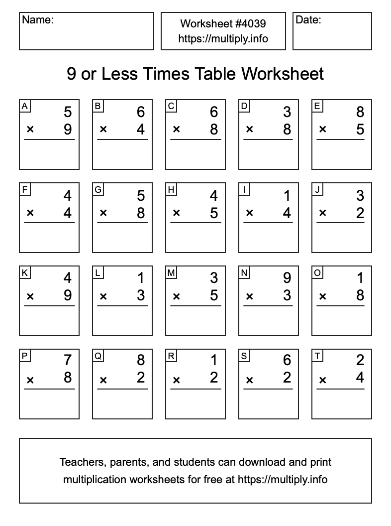 9 or less Times Table Worksheet #4039