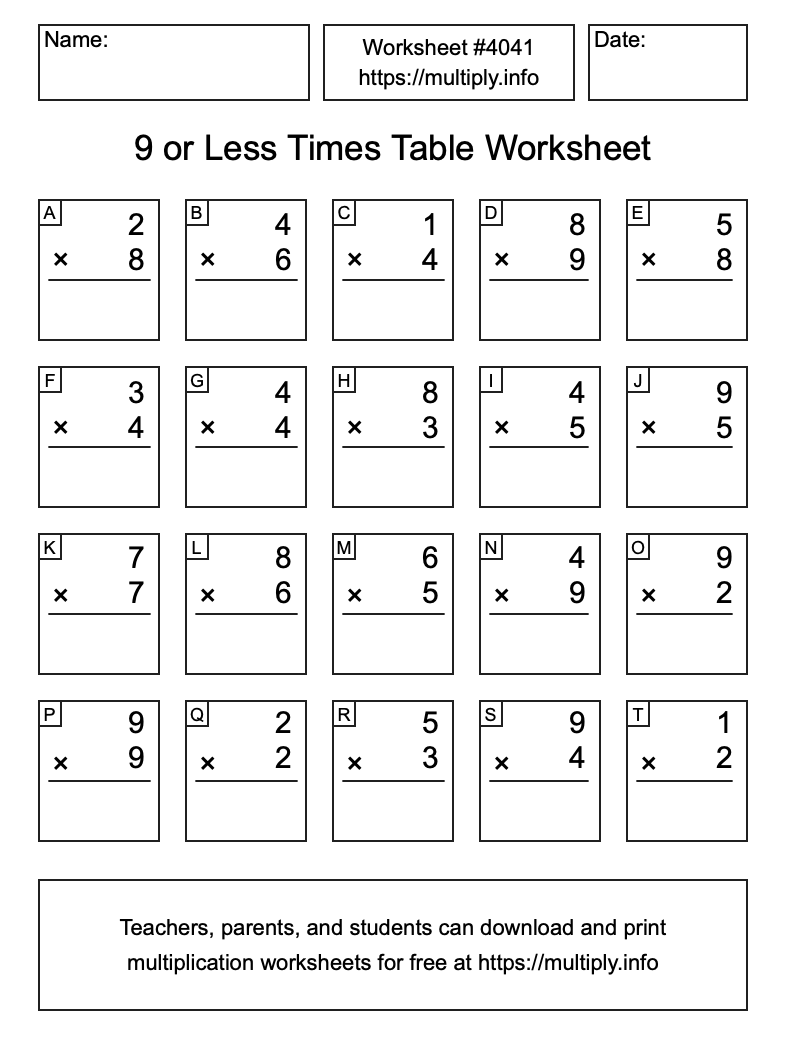 9 or less Times Table Worksheet #4041