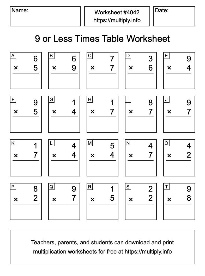 9 or less Times Table Worksheet #4042