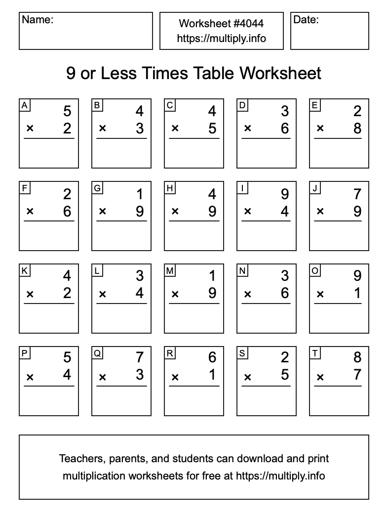 9 or less Times Table Worksheet #4044