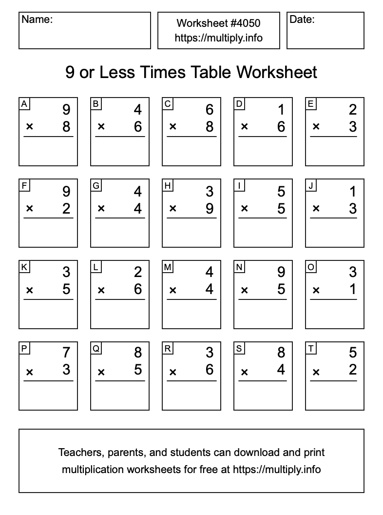 9 or less Times Table Worksheet #4050