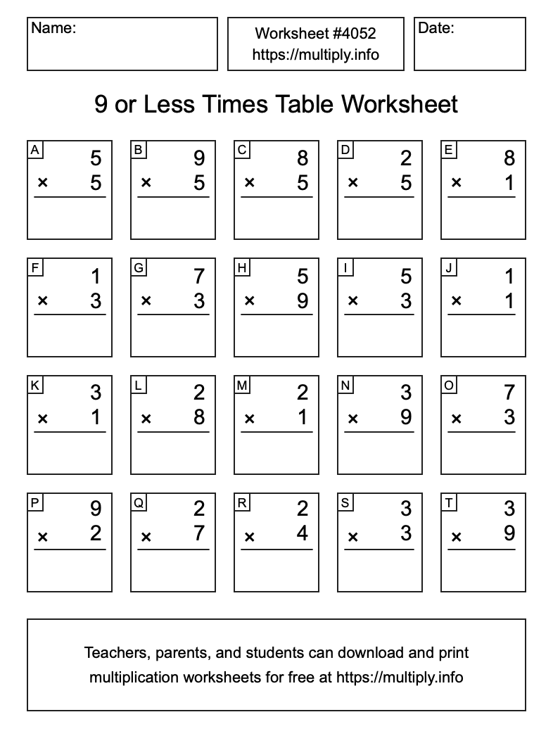 9 or less Times Table Worksheet #4052