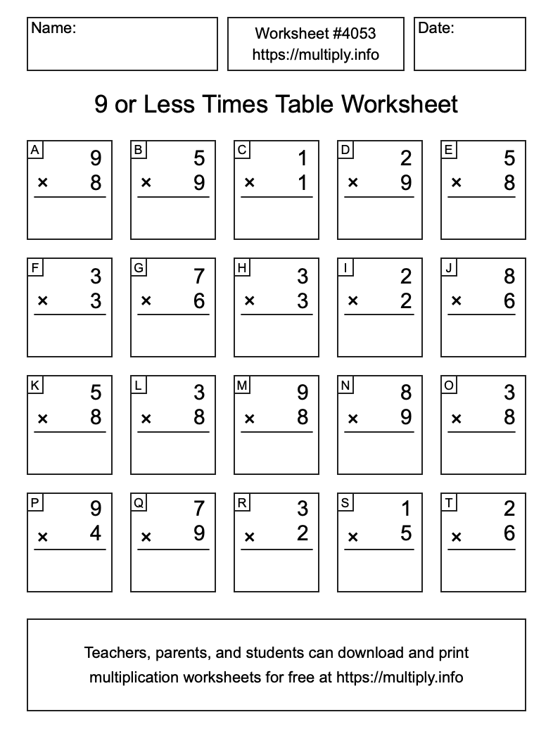 9 or less Times Table Worksheet #4053