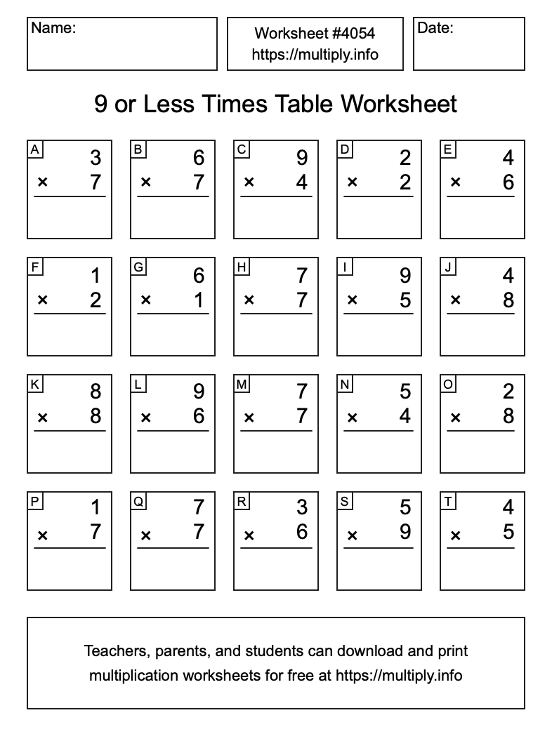 9 or less Times Table Worksheet #4054