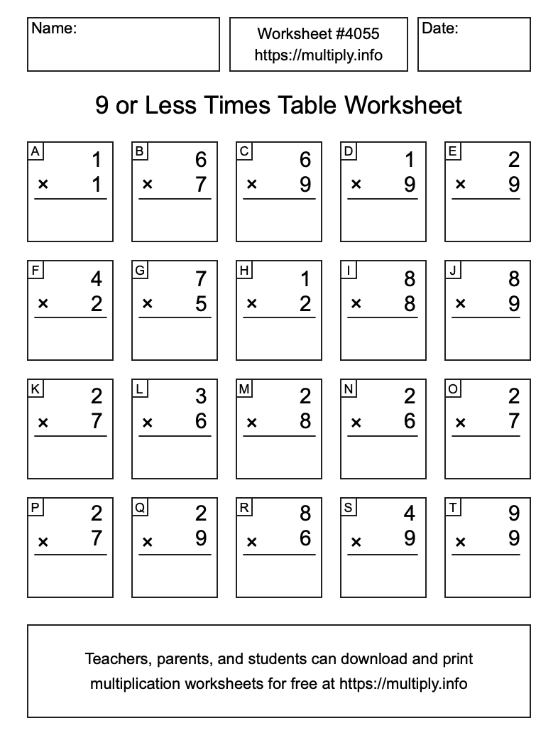 9 or less Times Table Worksheet #4055