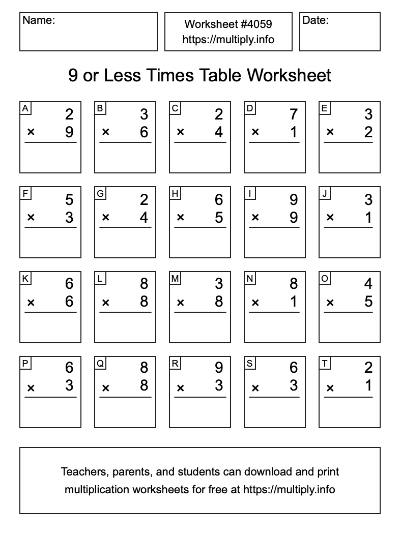 9 or less Times Table Worksheet #4059