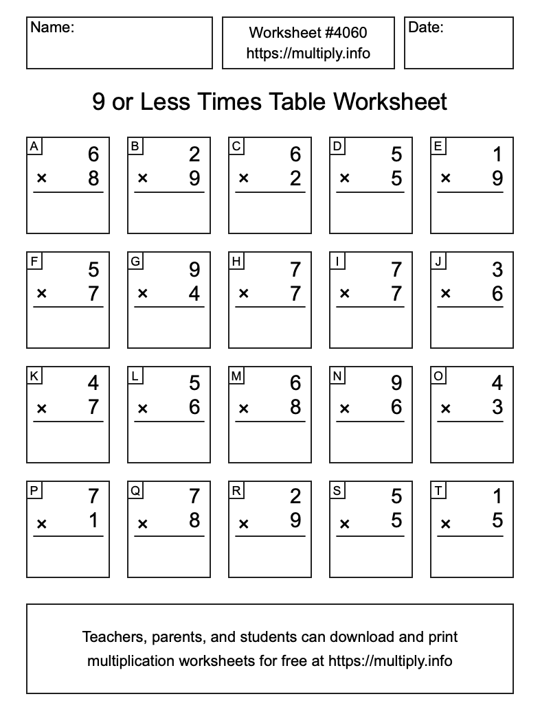 9 or less Times Table Worksheet #4060