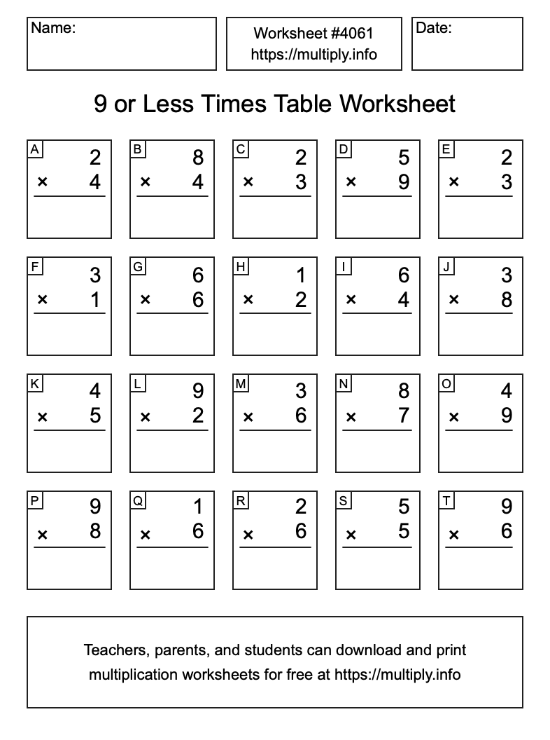9 or less Times Table Worksheet #4061