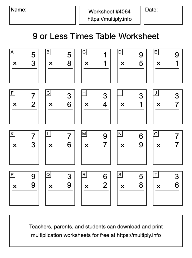 9 or less Times Table Worksheet #4064