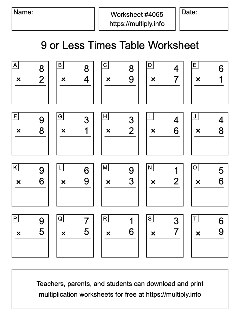 9 or less Times Table Worksheet #4065