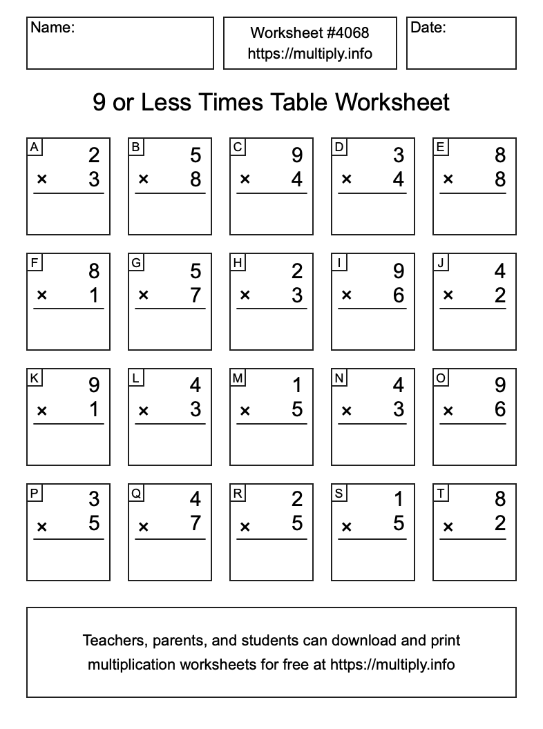 9 or less Times Table Worksheet #4068
