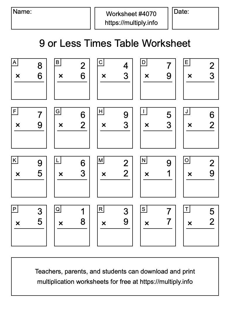 9 or less Times Table Worksheet #4070
