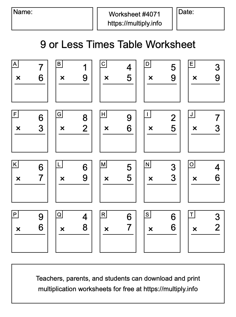9 or less Times Table Worksheet #4071
