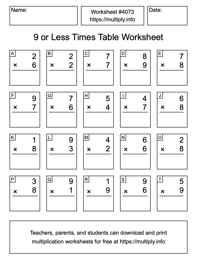 9 or less Times Table Worksheet #4073