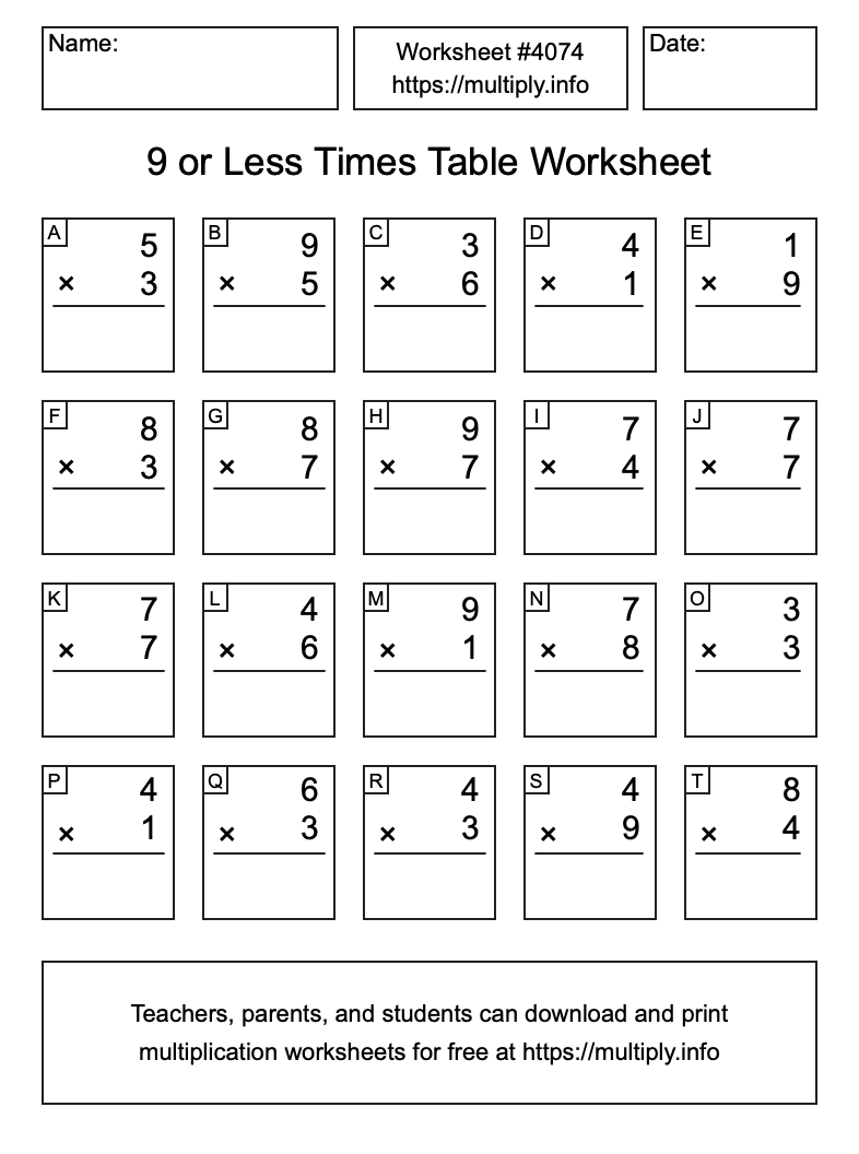 9 or less Times Table Worksheet #4074