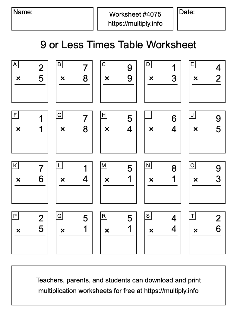 9 or less Times Table Worksheet #4075