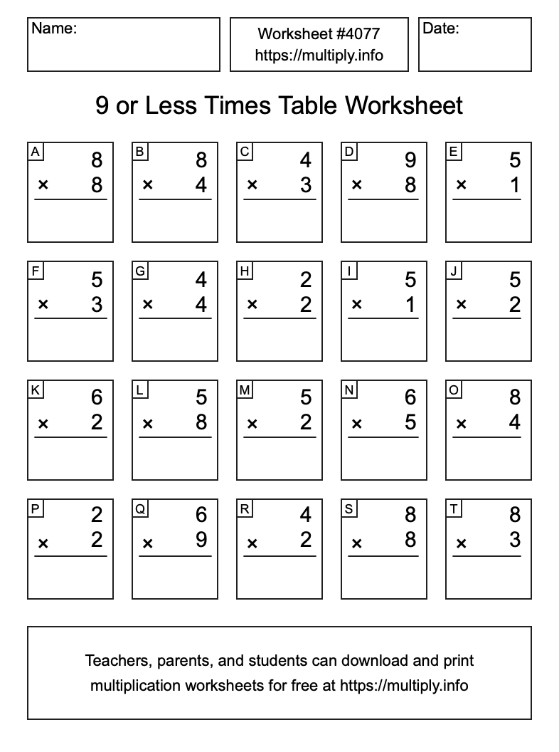9 or less Times Table Worksheet #4077