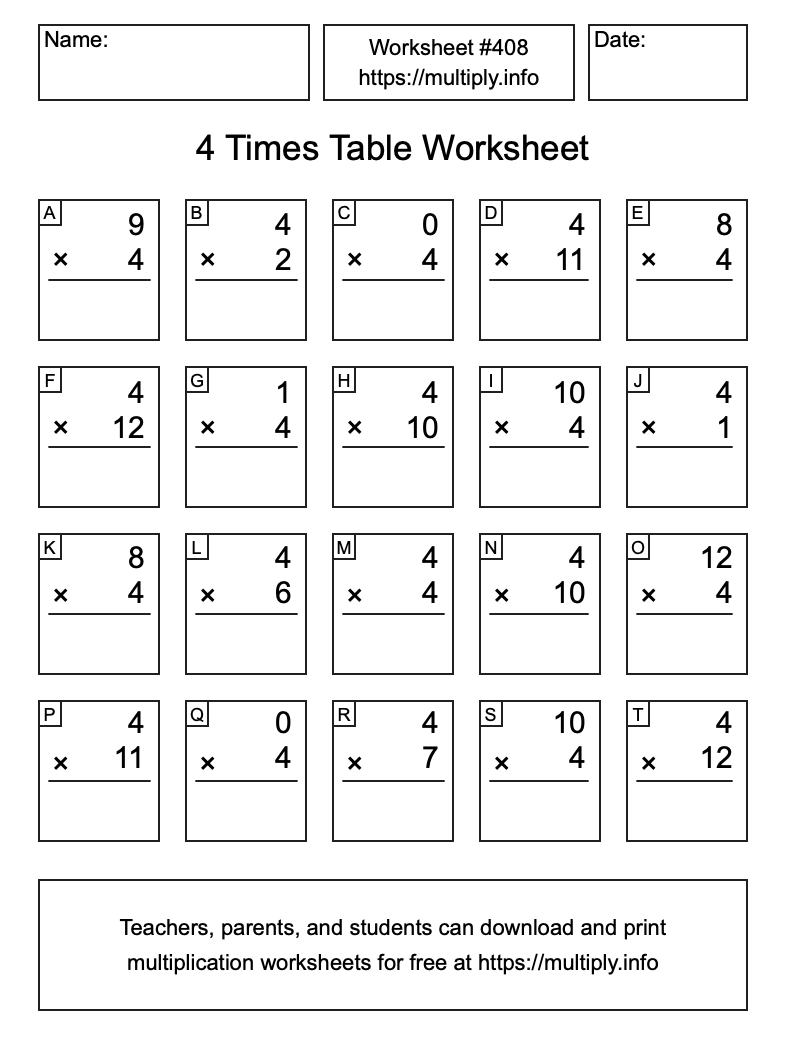 4 Times Table Worksheet #408