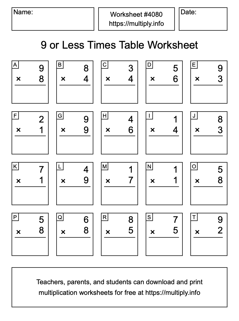 9 or less Times Table Worksheet #4080