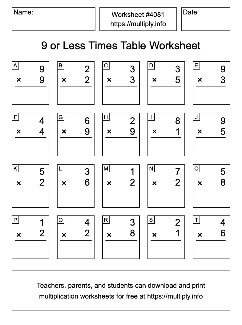 9 or less Times Table Worksheet #4081