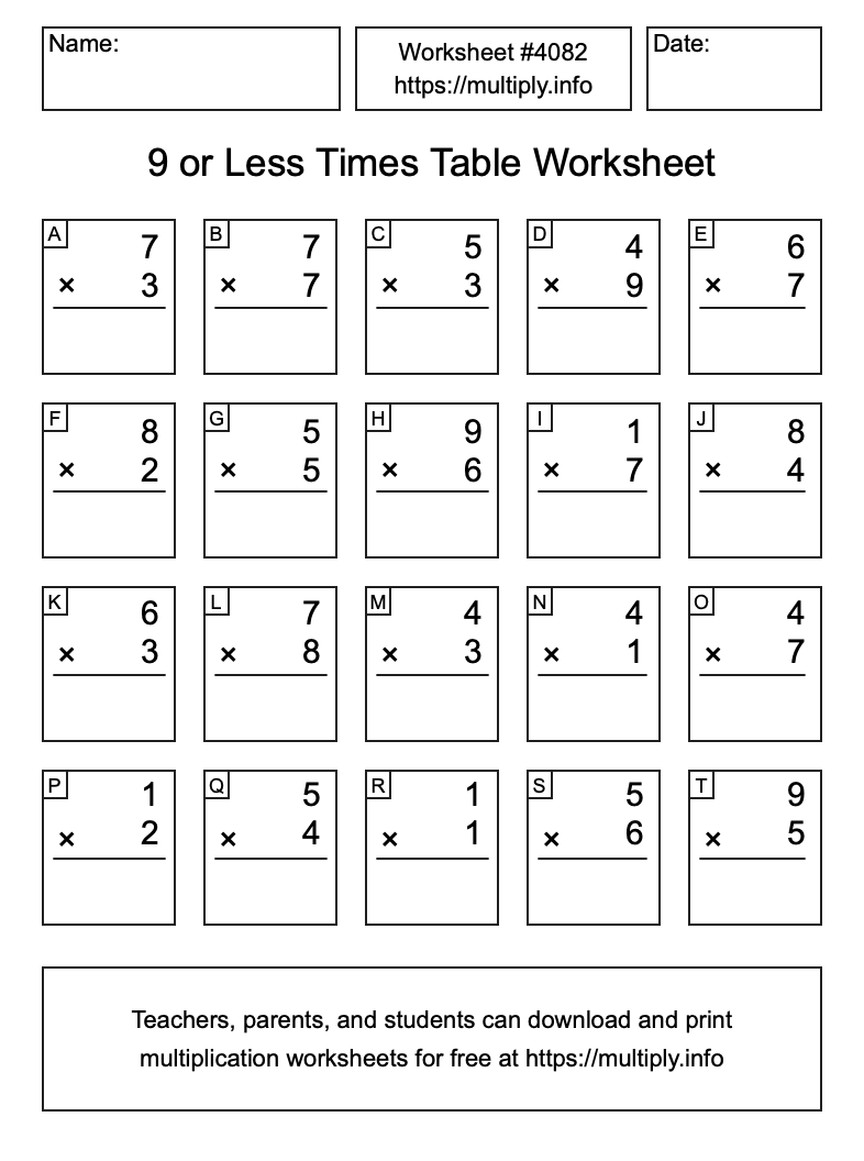 9 or less Times Table Worksheet #4082