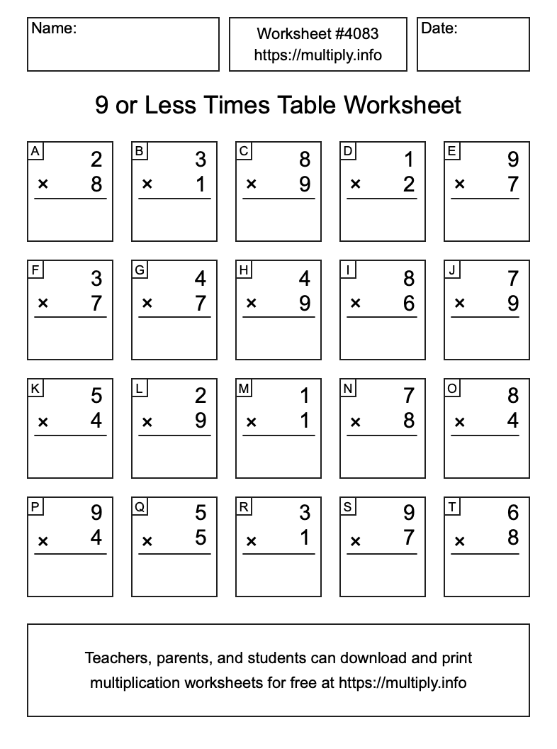 9 or less Times Table Worksheet #4083